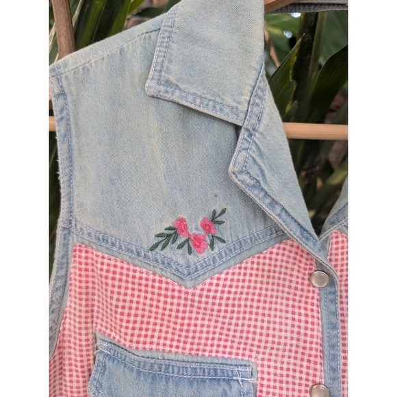vintage 90s denim vest M gingham pink flower embroidery 100% Cotton boho country - Picture 6 of 7